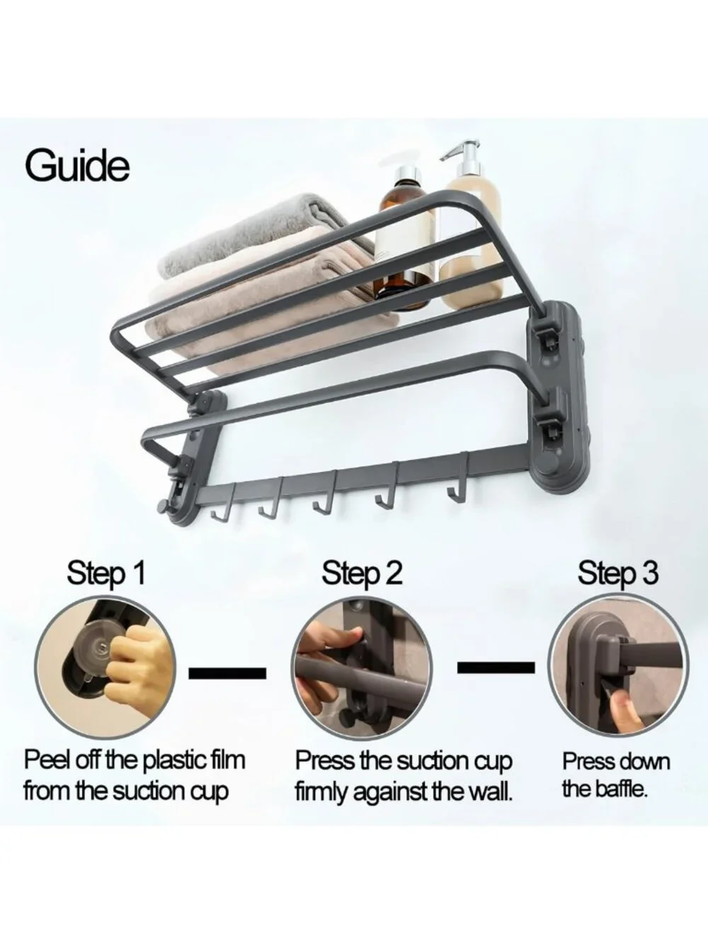 24-Inch Wall-Mounted Towel Shelf with Hooks - Modern Foldable Bathroom Rack